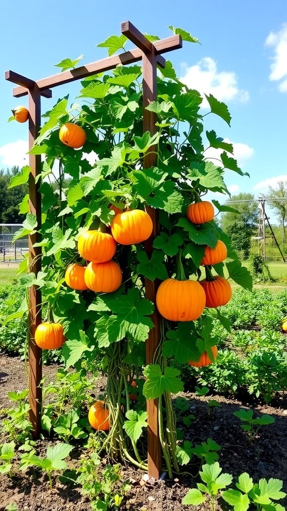 Pumpkin vines growing on a trellis with ripe pumpkins hanging, set in a sunny garden.